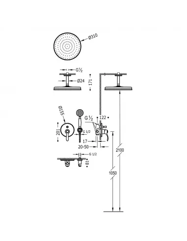 Kit grifo monomando empotrado 2 vías para ducha 24218004 Clasic TRES