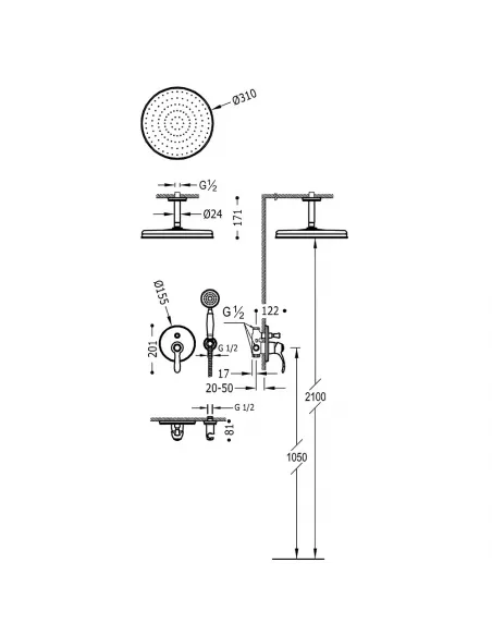 Kit grifo monomando empotrado 2 vías para ducha 24218004 Clasic TRES