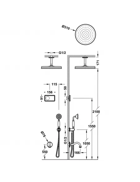 Kit grifo termostático electrónico empotrado 3 vías bañera y ducha