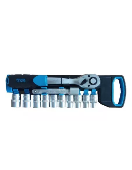LLAVE CARRACA REVERSIBLE 72 + VASOS 11PIEZAS NIVEL